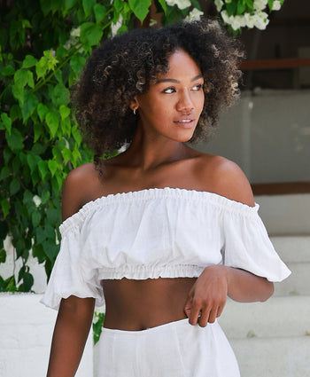 Kenny Flowers The Jetset solid white womens linen off the shoulder crop top